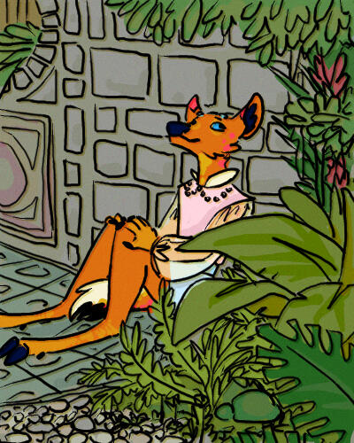 A loose lined and colored drawing of an orange deer.