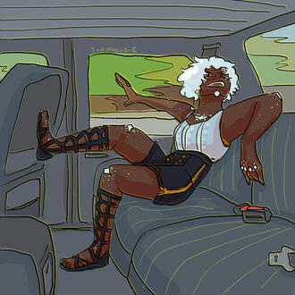 A drawing of a person in a car.