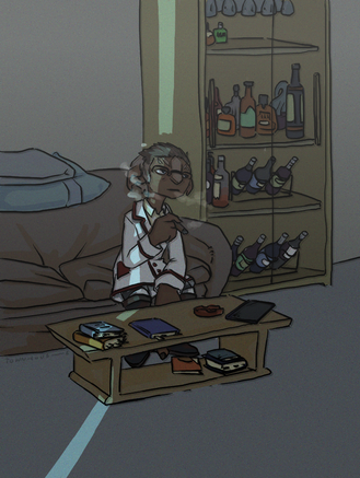 A drawing of an asura from Guild Wars 2 smoking in a dimly lit room.