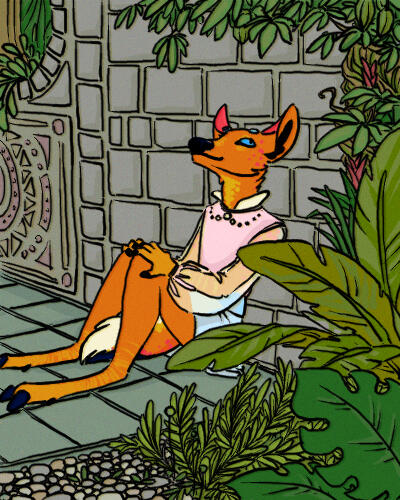A fully lined and colored drawing of an orange deer.