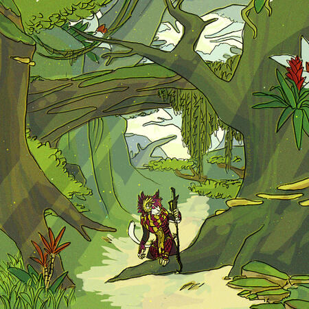 A drawing of a charr from Guild Wars 2 walking through a jungle.
