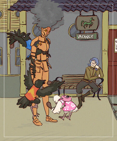 A drawing of a robot being attacked by several anthropomorphic bird children in front of an inn. A person looks on from a bench.