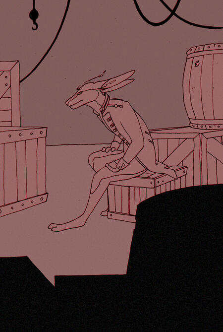 Drawing of an anthropomorphic animal sitting among barrels.
