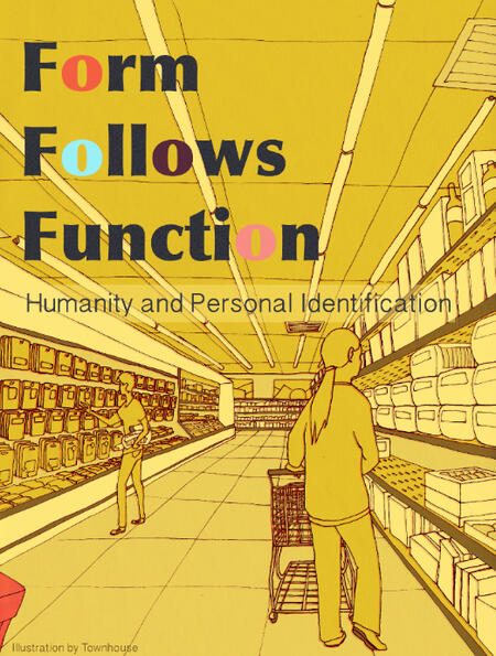 A drawing of a supermarket with title text reading "Form Follows Function: Humanity and Personal Identification."