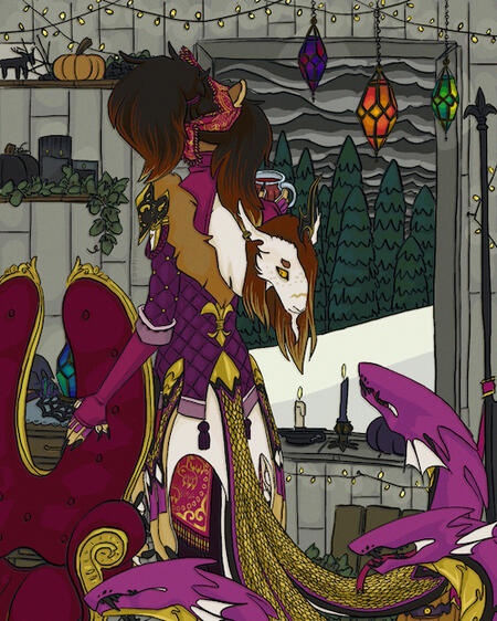 A drawing of an anthropomorphic chimera looking out a window in a cabin.