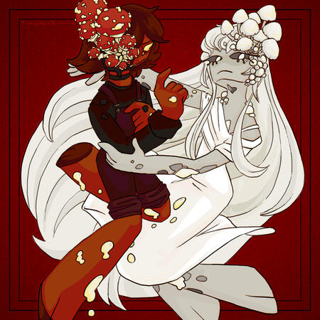 A drawing of two mushroom people.